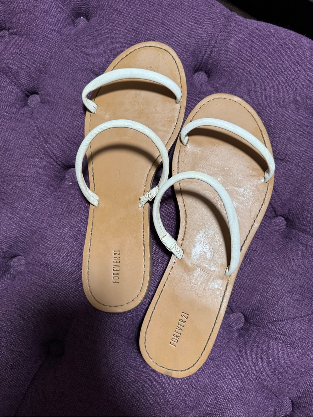 Forever 21 White Double-Strap Slide Sandals with Tan Footbed